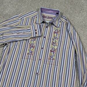 Robert Graham Men's L Striped Button Down Long Sleeve Shirt Embroidered